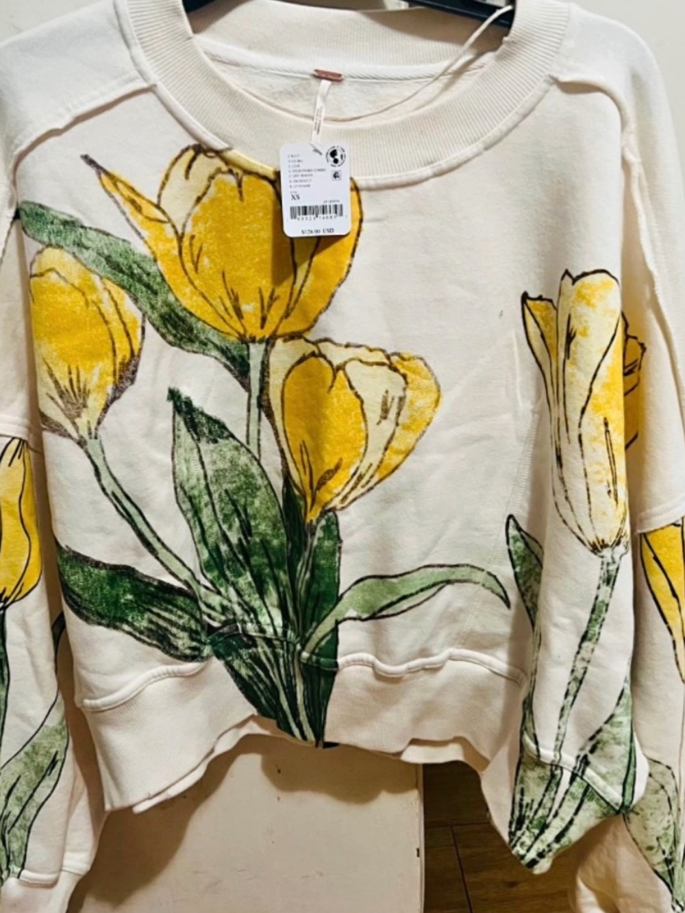 Free People Cream Crewneck Sweater with Yellow Tulip Print